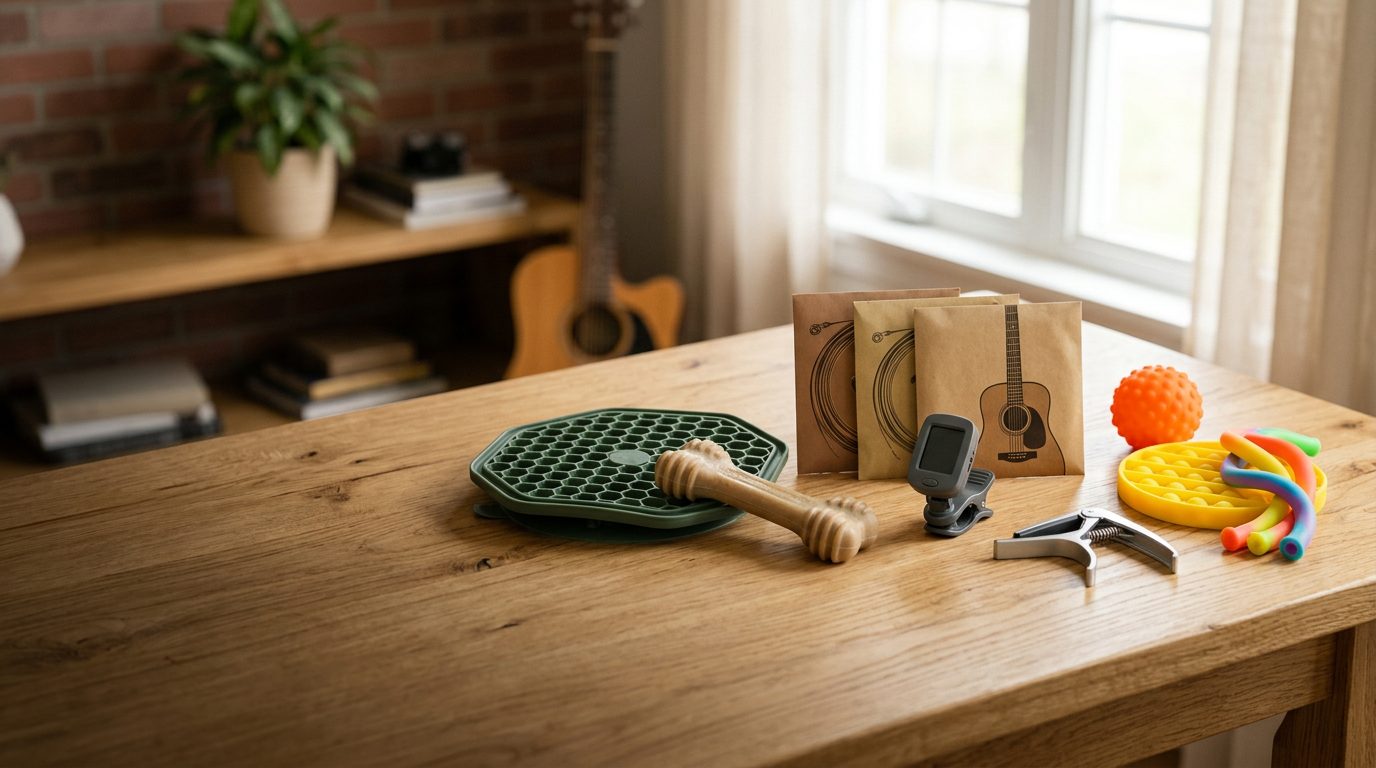 An oak table with musical instrument accessories, kids' toys and pet products.